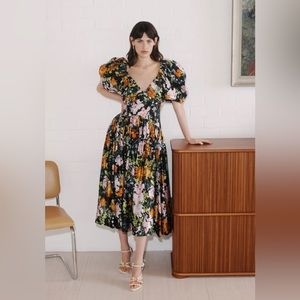 Aje Gabrielle Floral Print Black Plunge Puff Sleeve Corset Midi-Dress Gown